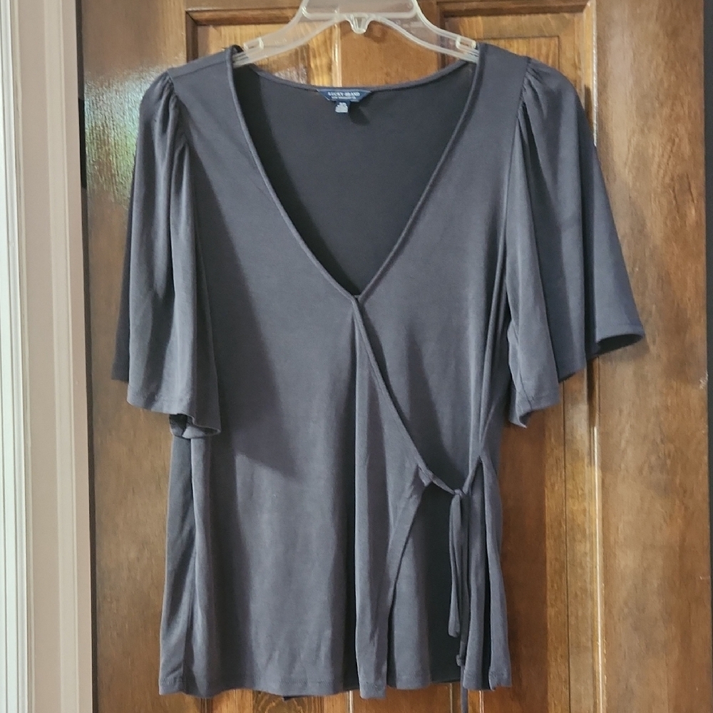 Lucky Brand Gray Flutter Sleeve Wrap Blouse